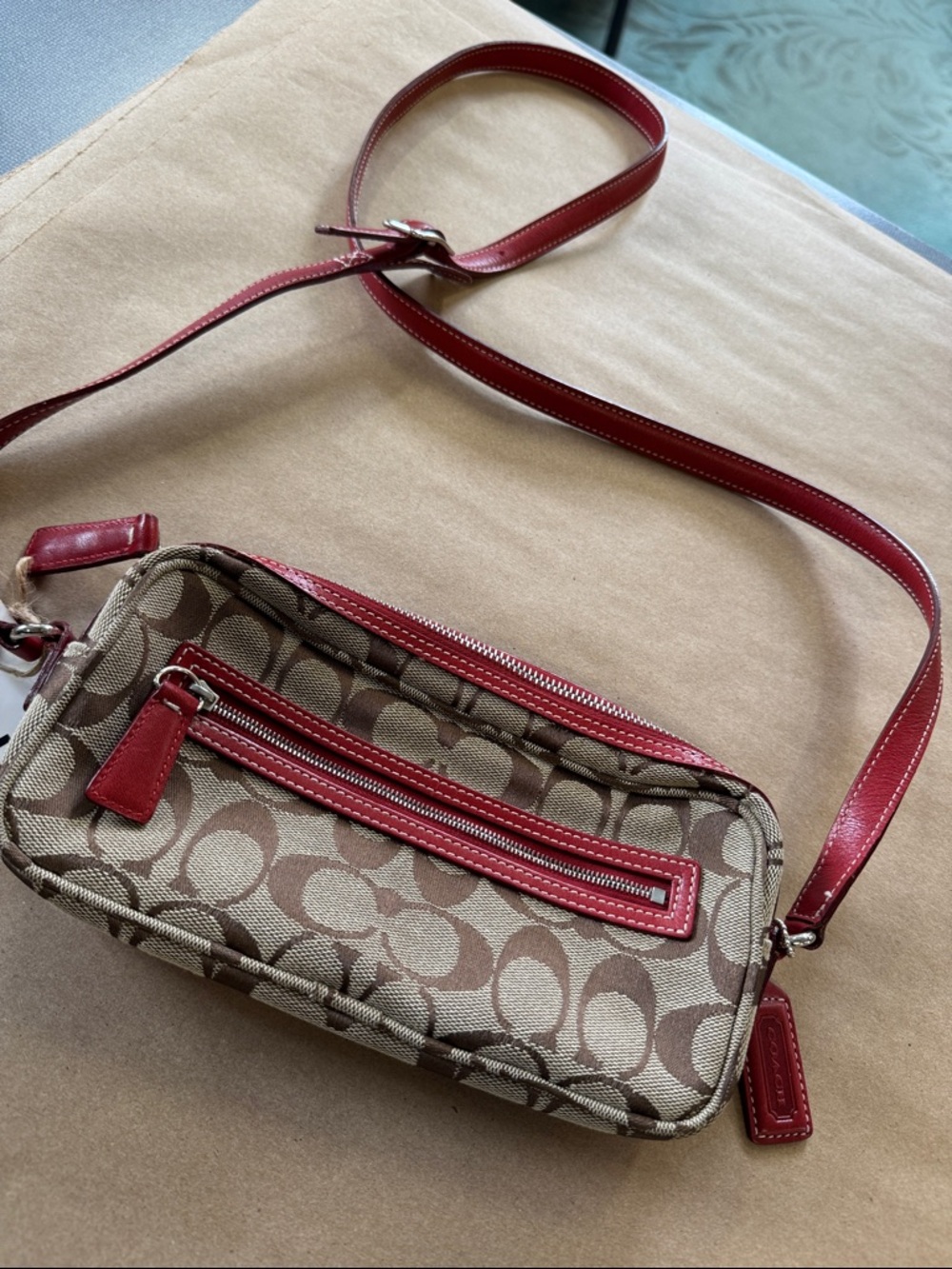Coach Print Red trim leather crossbody bag